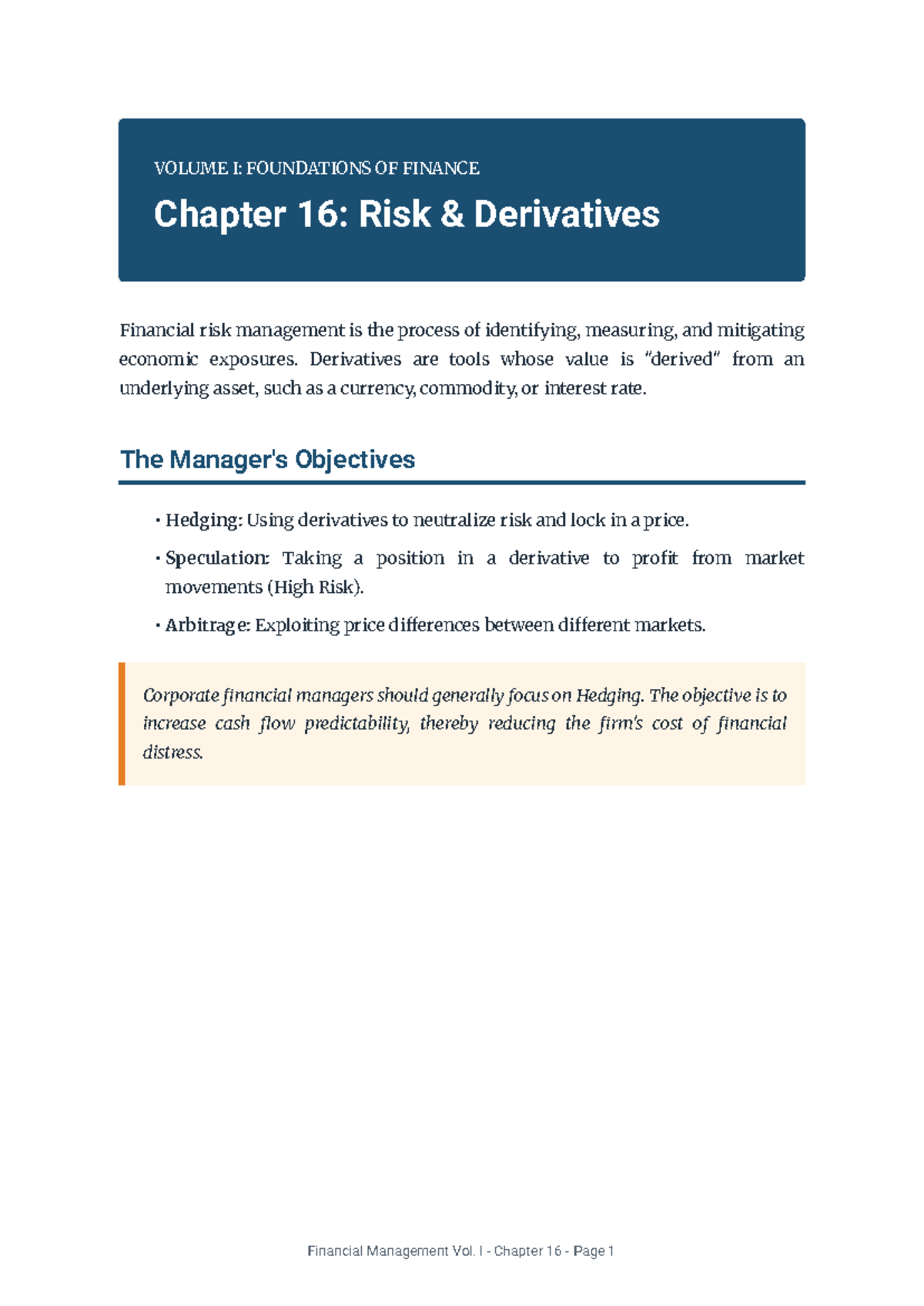 Financial Management (FIN 101) Volume I: Ch 16 - Risk Derivatives - Studocu