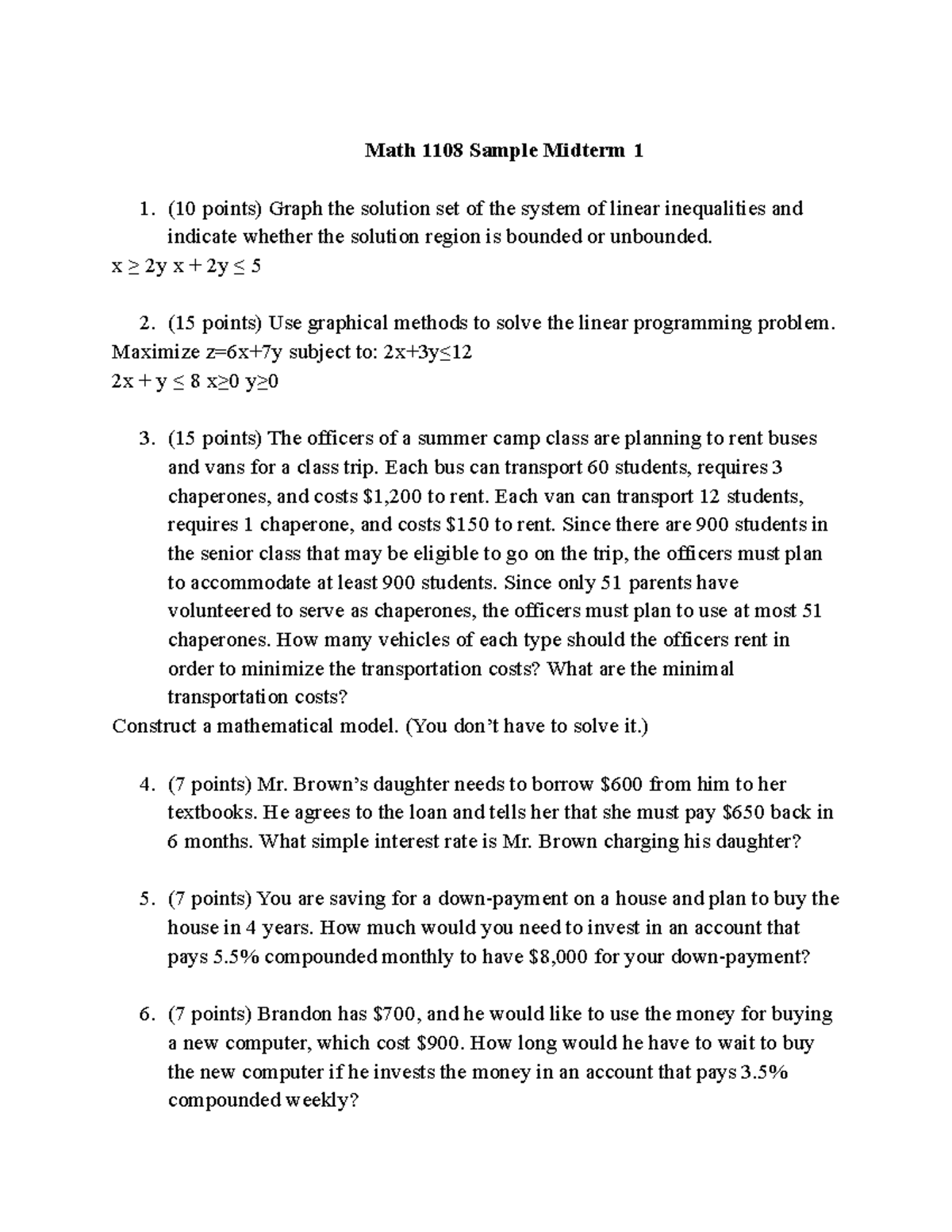 Math 1108 Sample Midterm 1: Linear Inequalities & Financial Problems ...