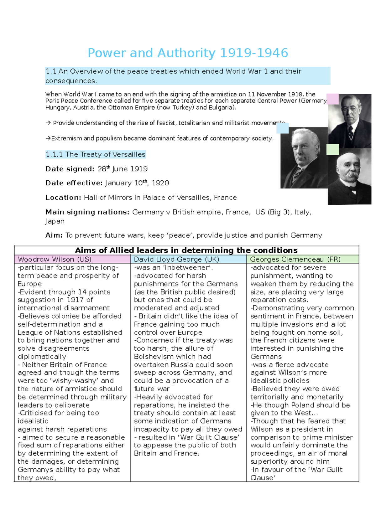 Power and Authority: Analyzing Post-WWI Treaties and Their Impact on ...