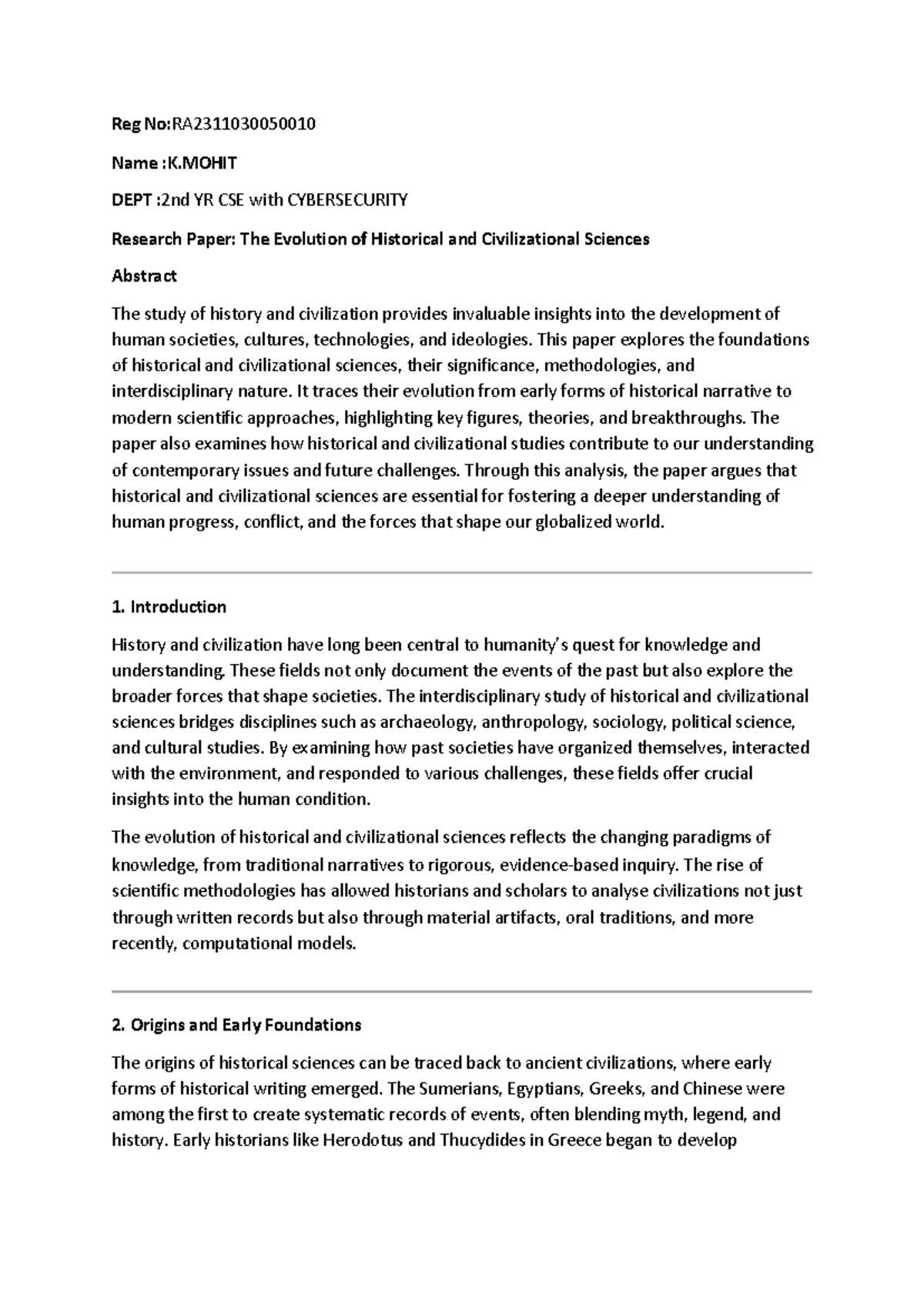 CSE 2nd Year Research Paper: Evolution of Historical & Civilizational ...