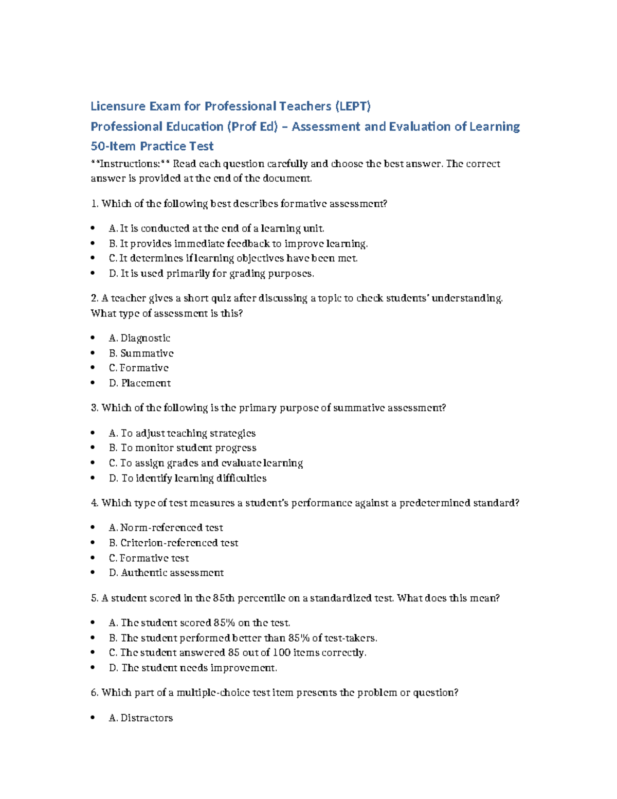 LEPT Prof Ed 50 Item Assessment Practice Test Review - Studocu