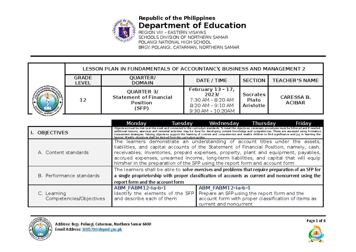 WEEK 1 FEB 13-17 2023 - lesson plan week 1 - Page 1 of 4 Republic of ...