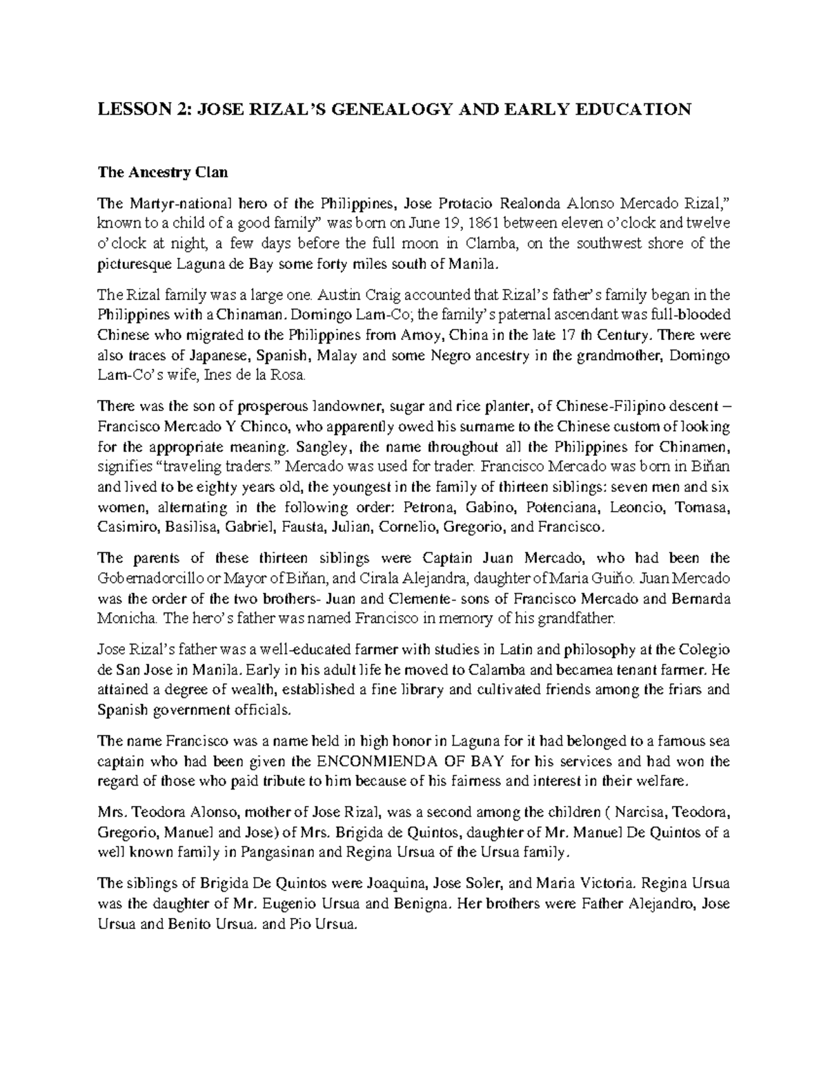 Lesson 2 - Jose Rizal's Ancestry & Early Education Insights - Studocu