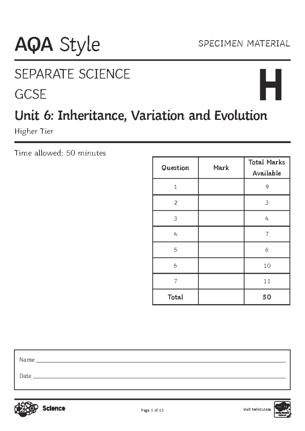 Inheritance, Variation & Evolution: AQA Separate Science Higher Unit ...