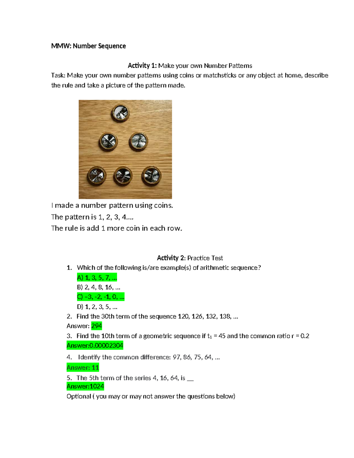 MMW: Lesson 2 Activities 1 & 2 - Number Patterns & Sequences - Studocu