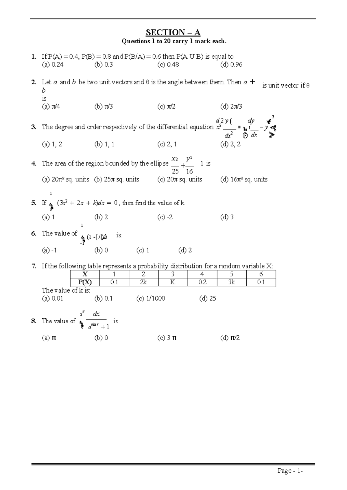 Maths Class XII Sample Paper Test 01 for Board Exam 2024 - Studocu