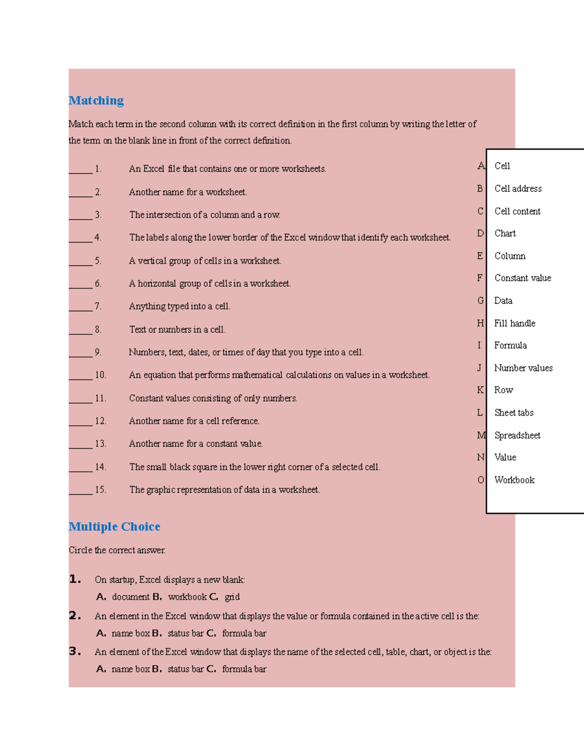 E01 Excel Matching and Multiple Choice Questions Guide - Studocu
