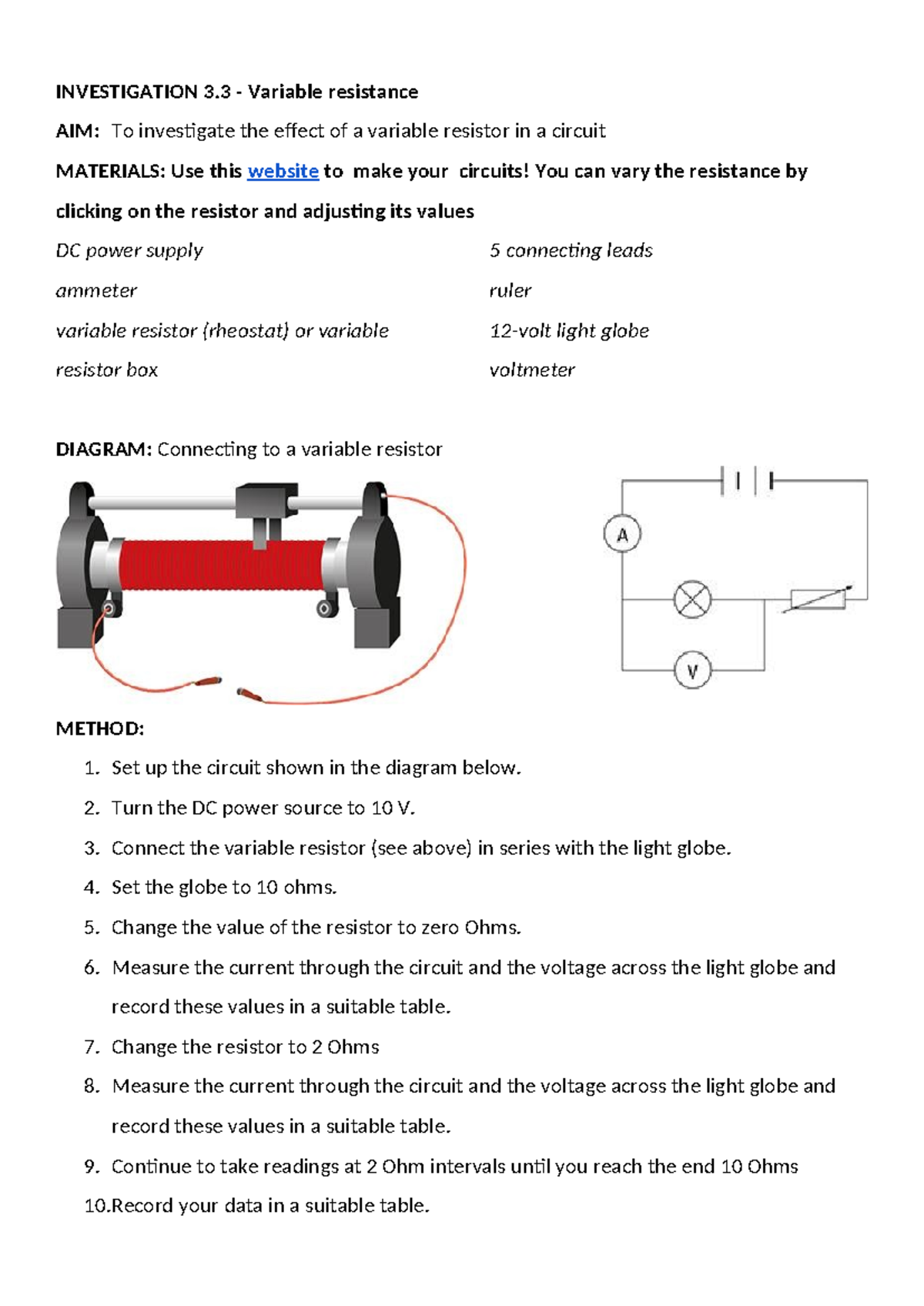 Investigation 3.3: Effects of Variable Resistance in a Circuit - Studocu