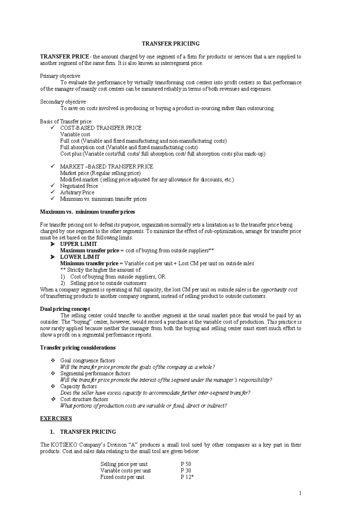 Transfer Pricing - Lecture Notes (Course Code: TP101) - Studocu