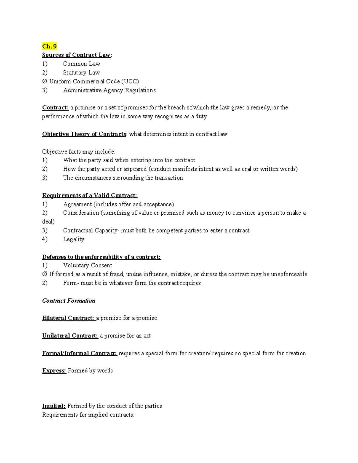 BUSINESS LAW Final Exam Prep (Ch. 9,10,20) - Ch. 9 Sources of Contract ...