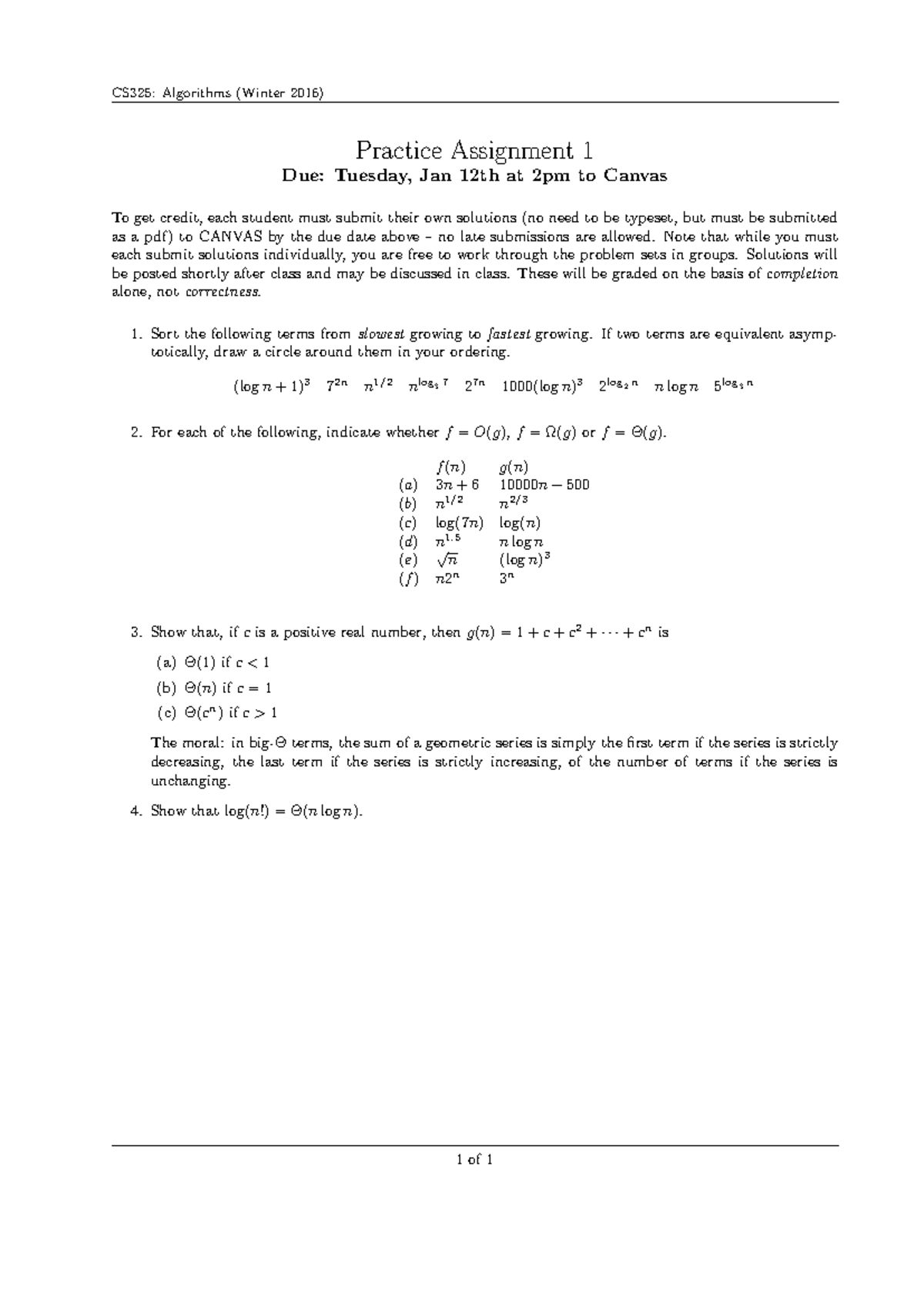 CS325: Homework 1 - Algorithms Practice Assignment (Winter 2016) - Studocu