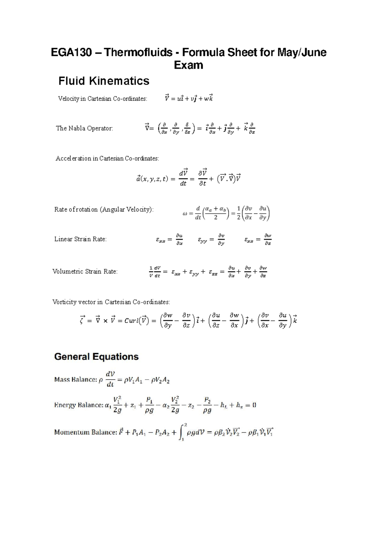 EGA130 Thermofluids Exam Formula Sheet: Key Concepts & Equations - Studocu