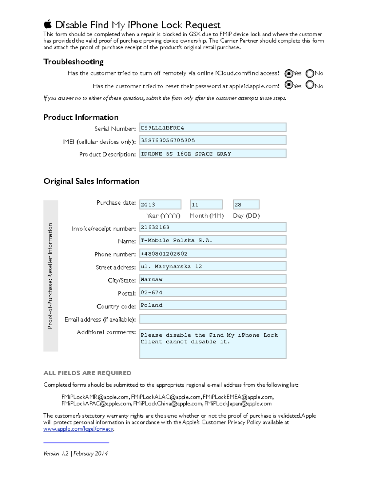 FMiP Unlock Form for Carrier - Handling Device Lock Issues - Studocu