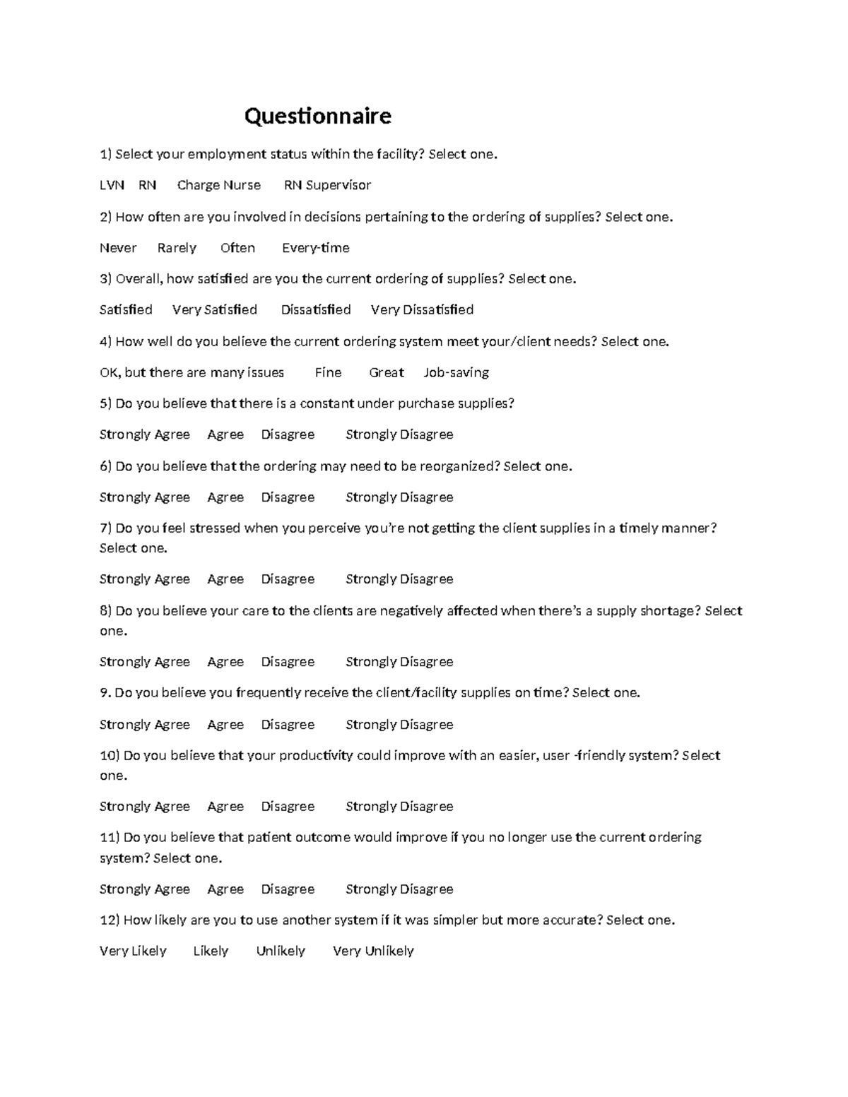 Student Sample Questionnaire - Questionnaire 1) Select your employment ...