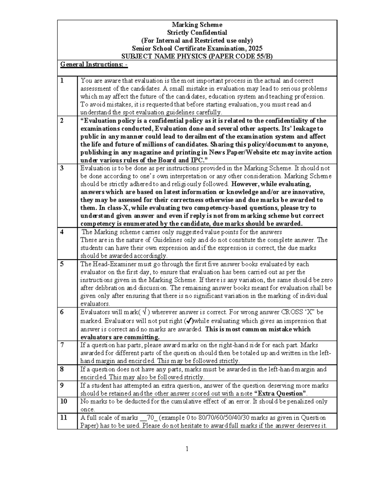 XII 042 Physics Marking Scheme 2025 - Strictly Confidential - Studocu