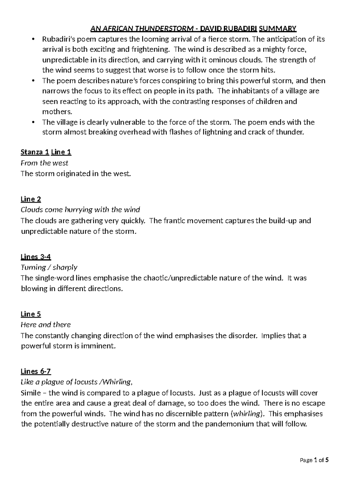 An African Thunderstorm Eng 101 Poem Summary Analysis Notes Studocu