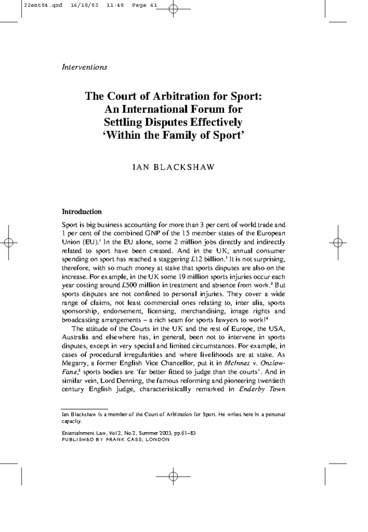 Eslj-703: The Role of the Court of Arbitration for Sport in Dispute ...