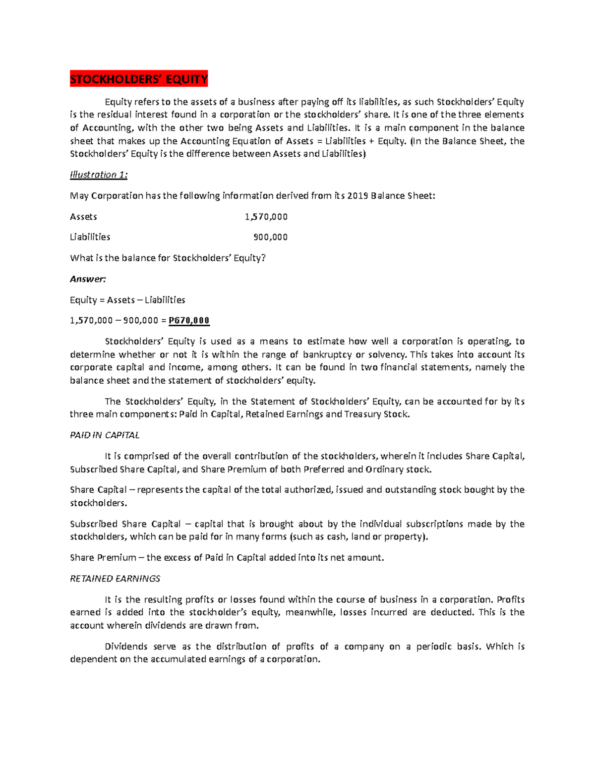 Stockholders Equity Overview - ACC 101 Final Exam Notes - Studocu