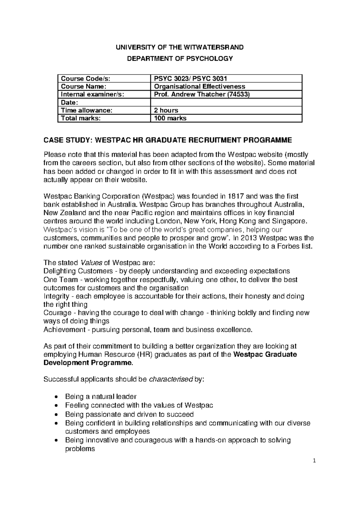 PSYC3031 Case Study Analysis: Westpac HR Graduate Recruitment Program ...