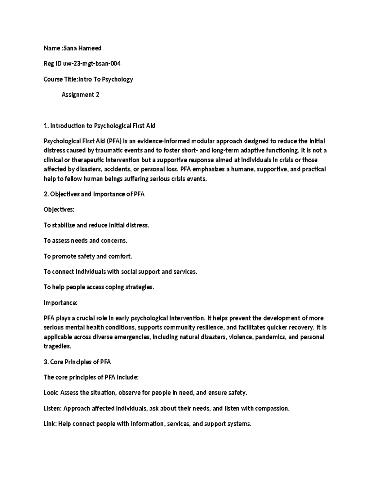 PSY101: Assignment 2 - Understanding Psychological First Aid - Studocu