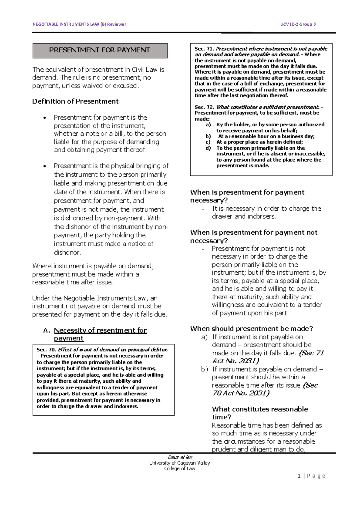NEGOTIABLE INSTRUMENTS LAW (B) Reviewer: Presentment and Acceptance ...