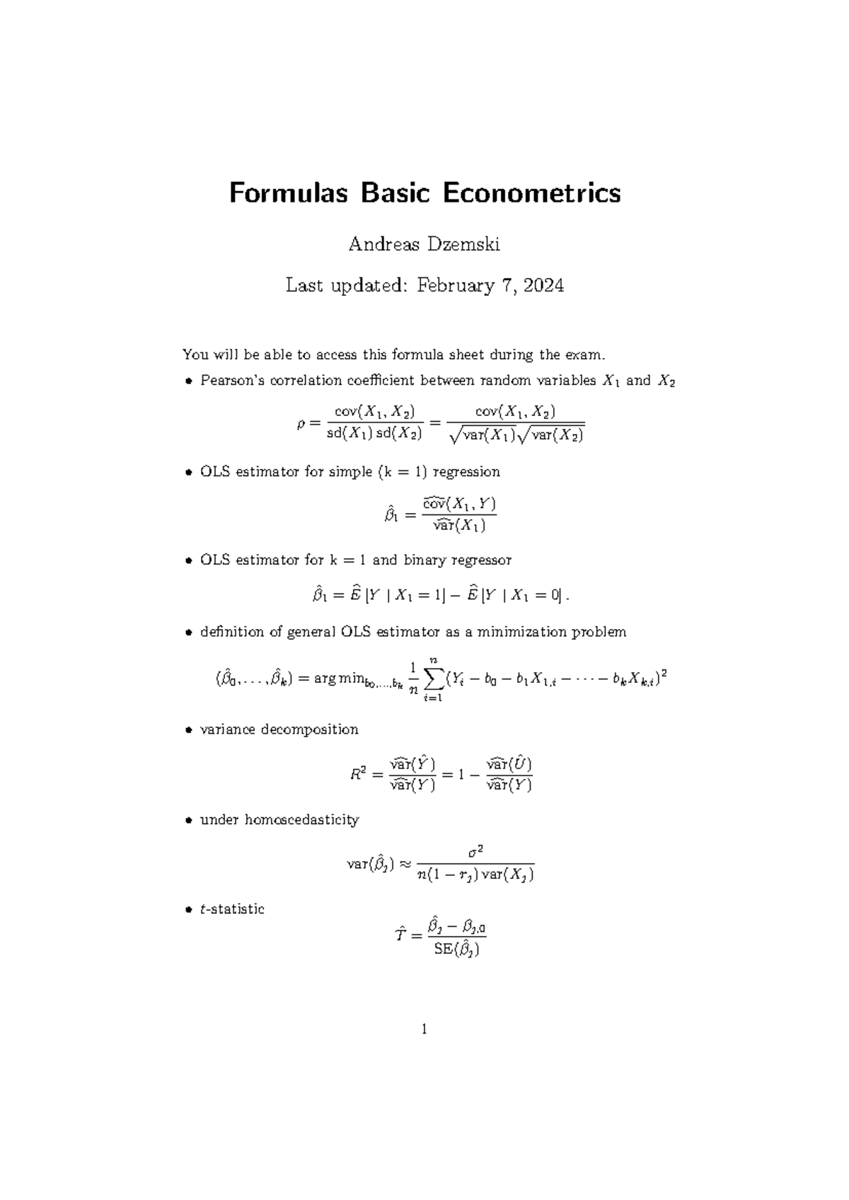 Basic Econometrics Exam Formulas (ECO 101) - Studocu