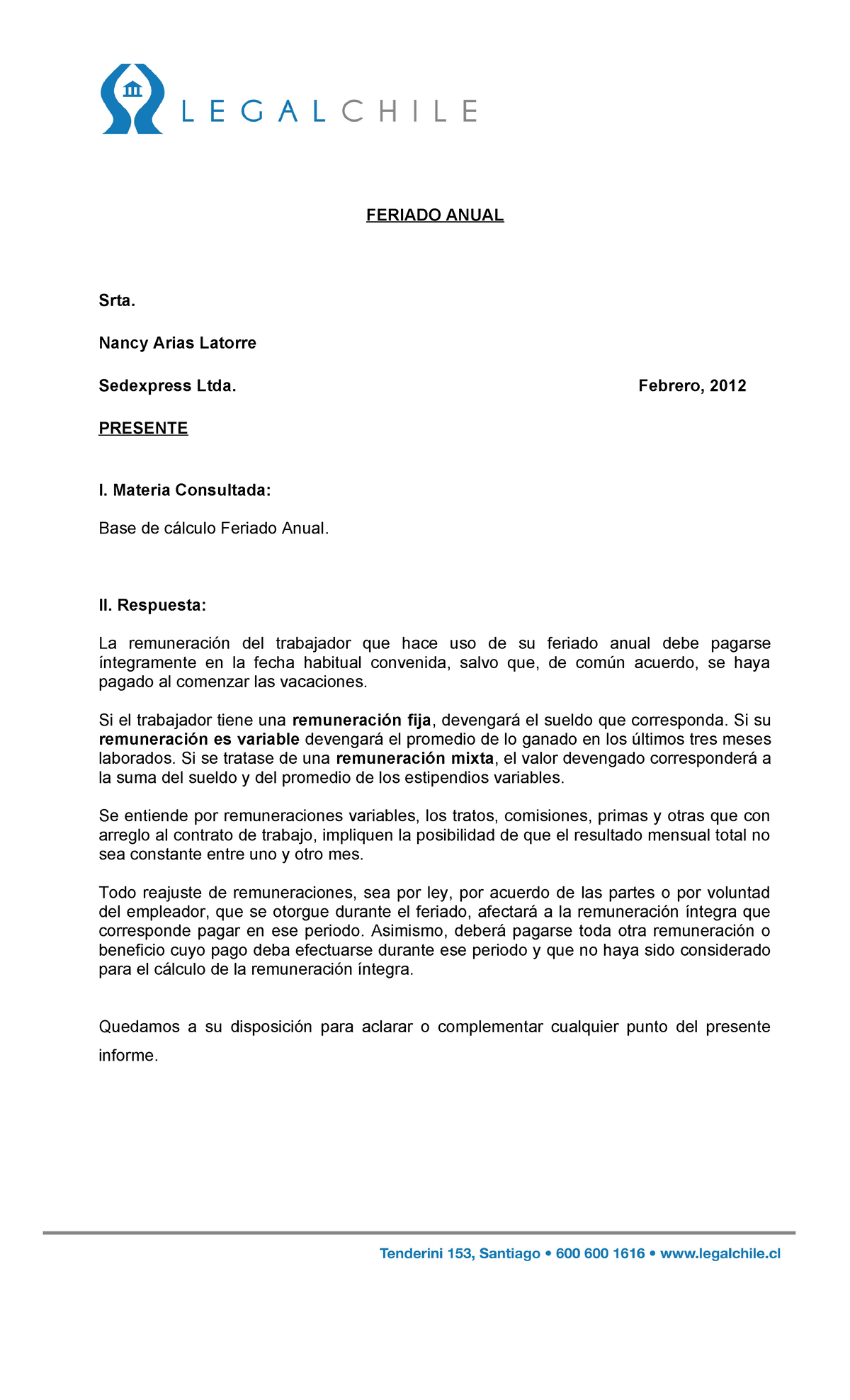 Informe feriado anual induccion feriado anual srta nancy arias