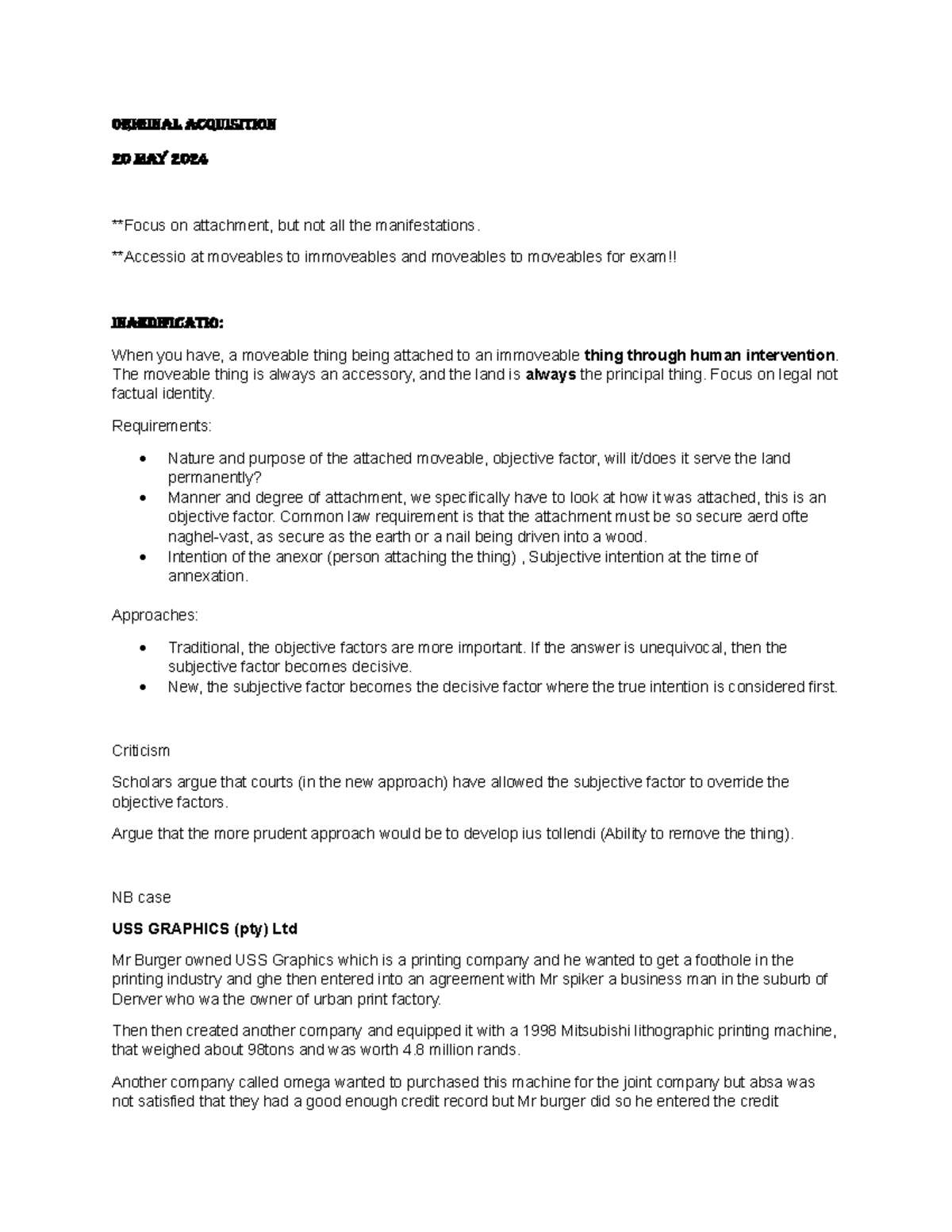 ACQ 101: Class Notes on Acquisition & Attachment - 20 May 2024 - Studocu