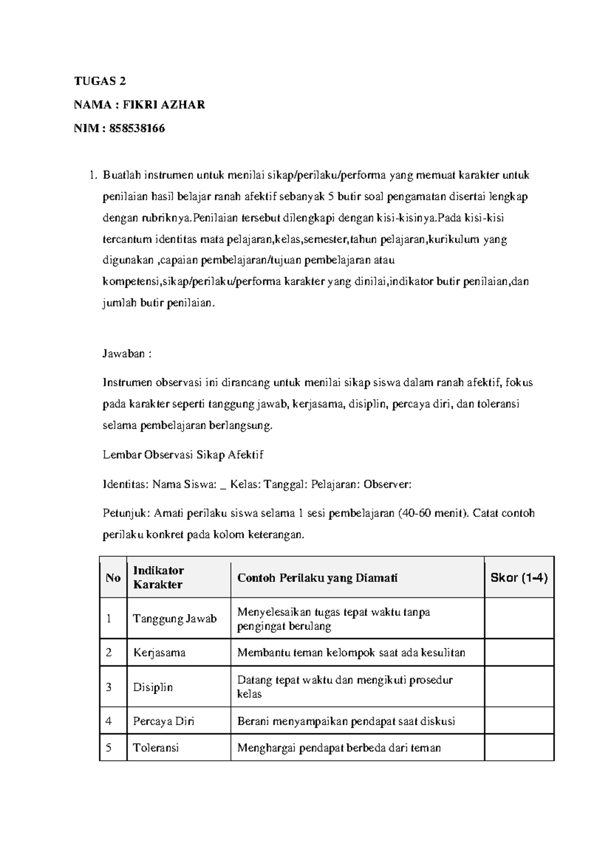 Tugas 2: Instrumen Penilaian Afektif dan Keterampilan SPGK4304 - Document Preview