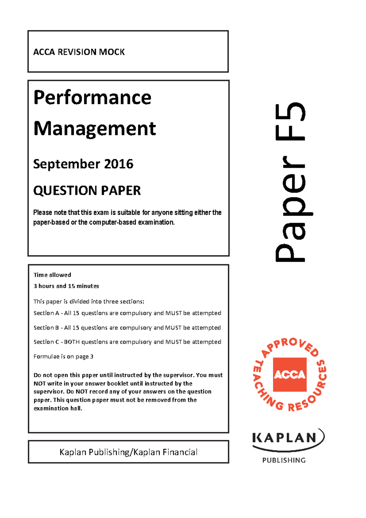 ACCA F5 Mock Exam Revision - Performance Management Questions S16 - Studocu
