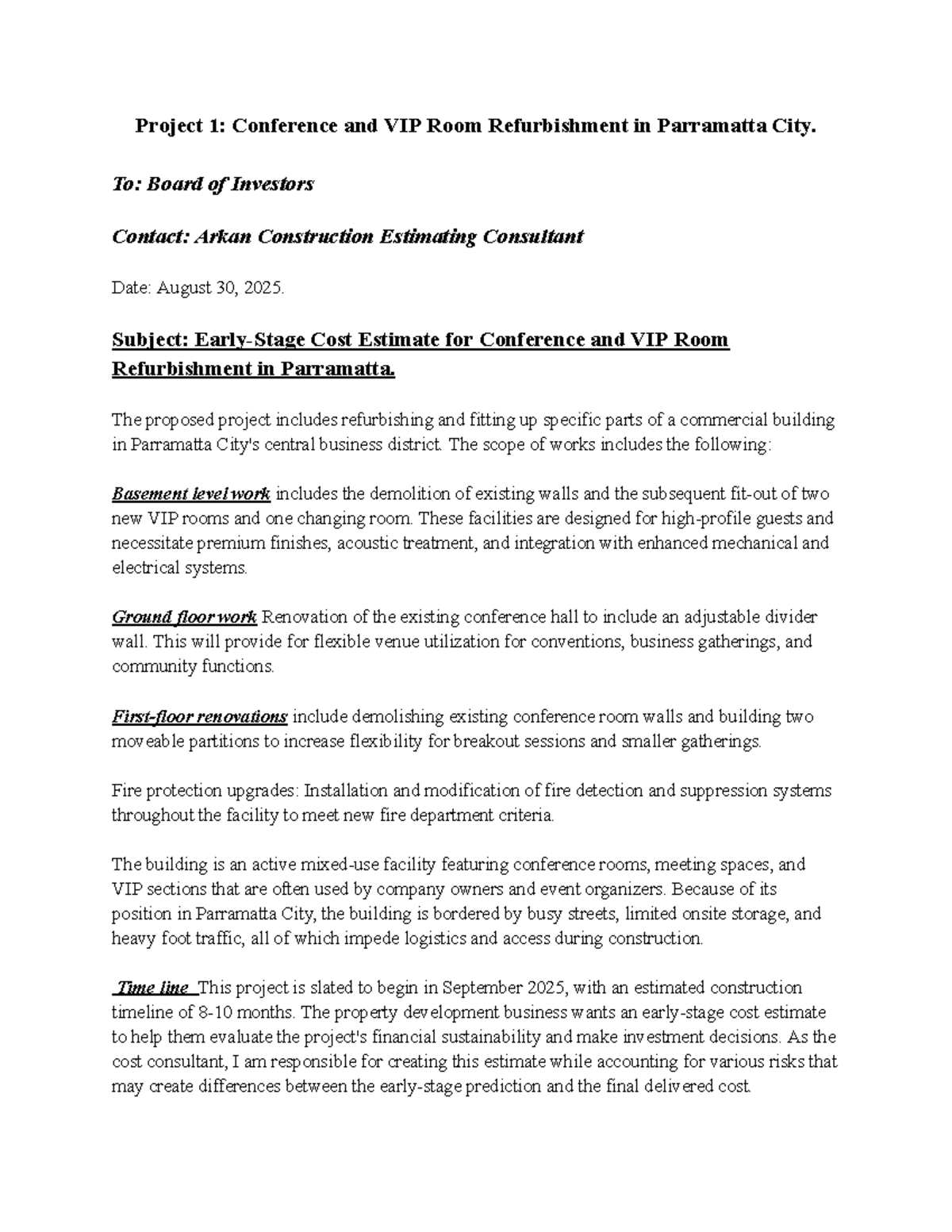 Cost Estimate for Conference & VIP Room Refurbishment (Project 1) - Studocu