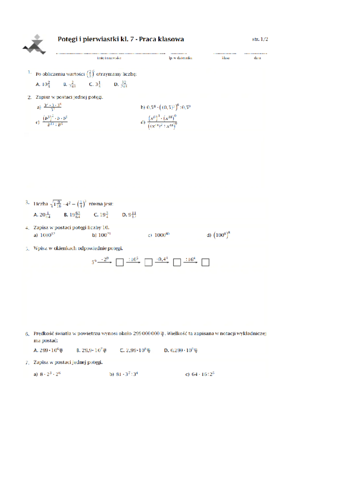 Potęgi Klasa 7 Sprawdzian Profesor www.studocu.com