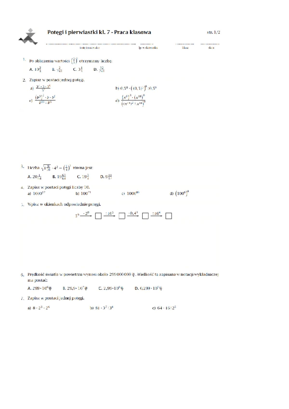 Potęgi I Pierwiastki Sprawdzian Kl 2 Gim