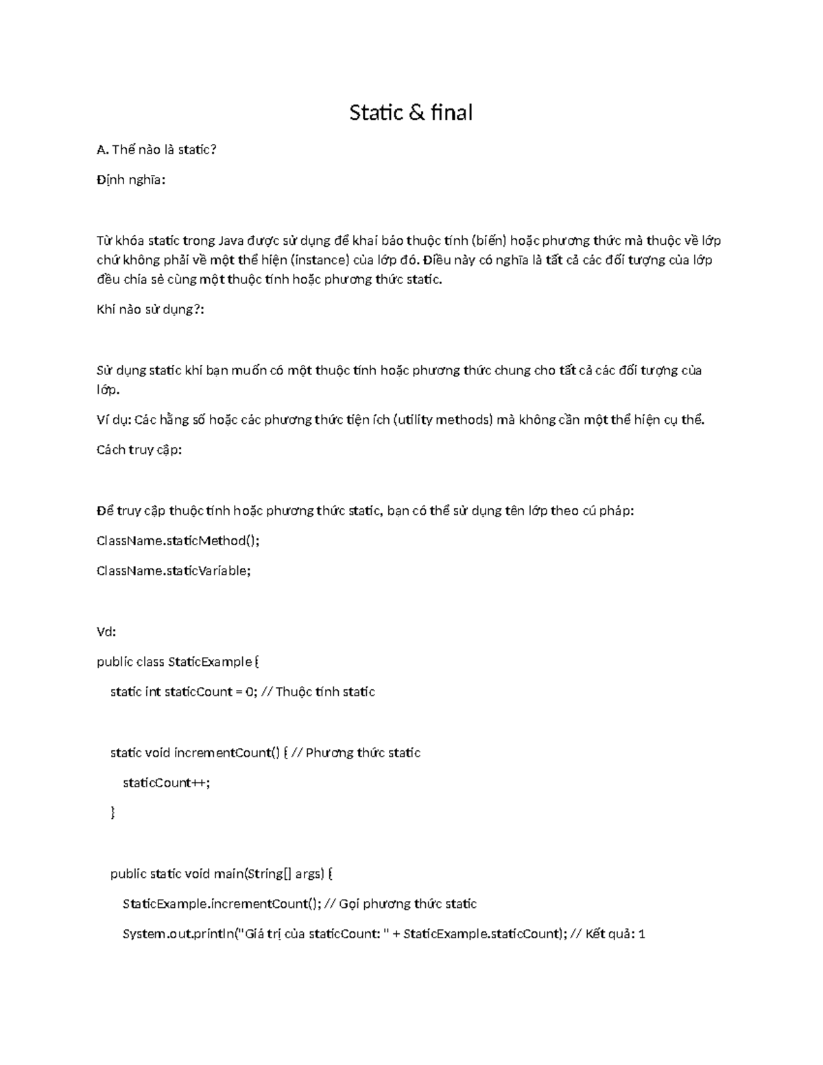 Static - java - Static & final A. Thế nào là static? Định nghĩa: Từ ...