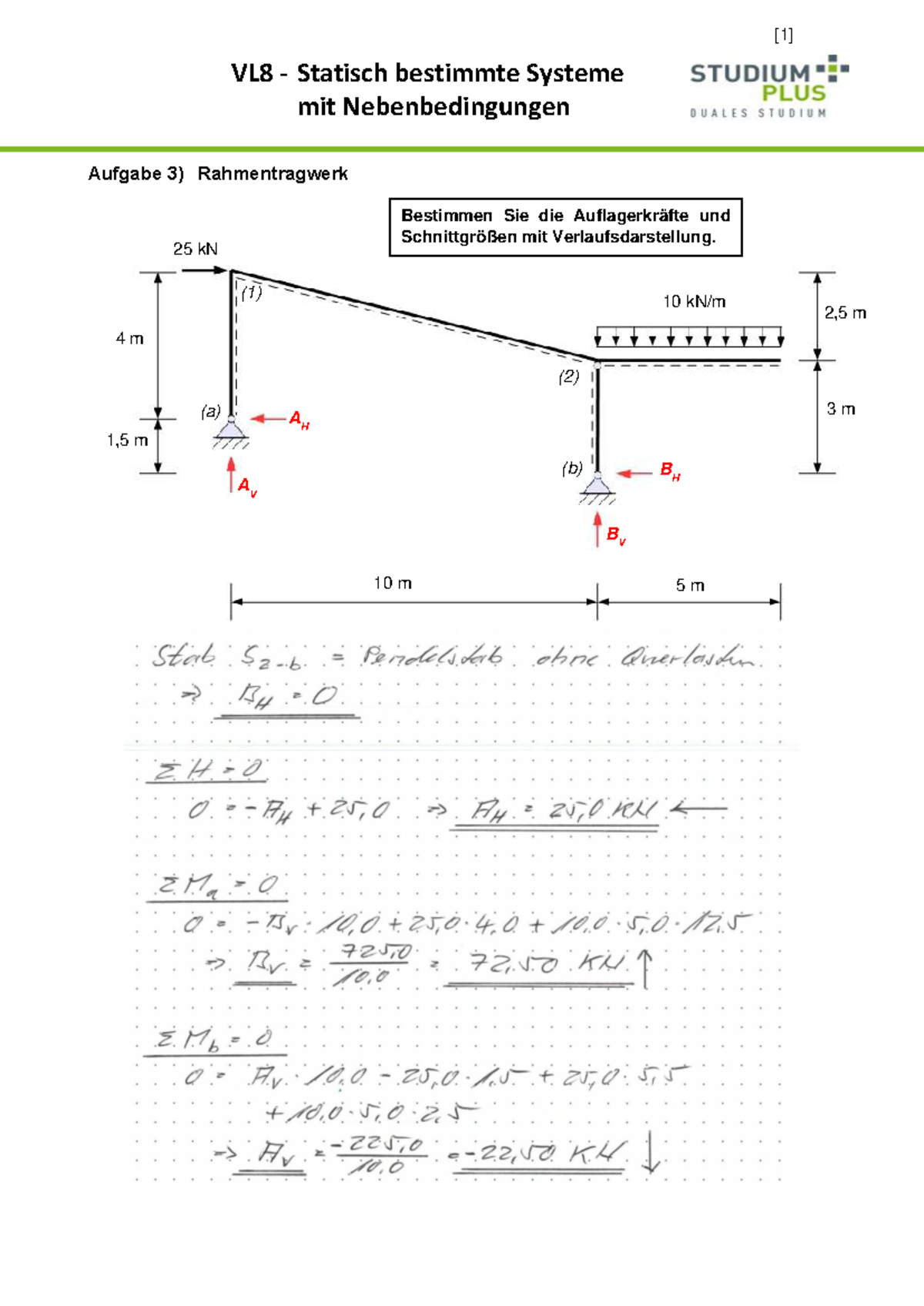 Aufgabe 3) Rahmentragwerk - Baustatik - [ 1 ] VL 8 - Statisch bestimmte ...