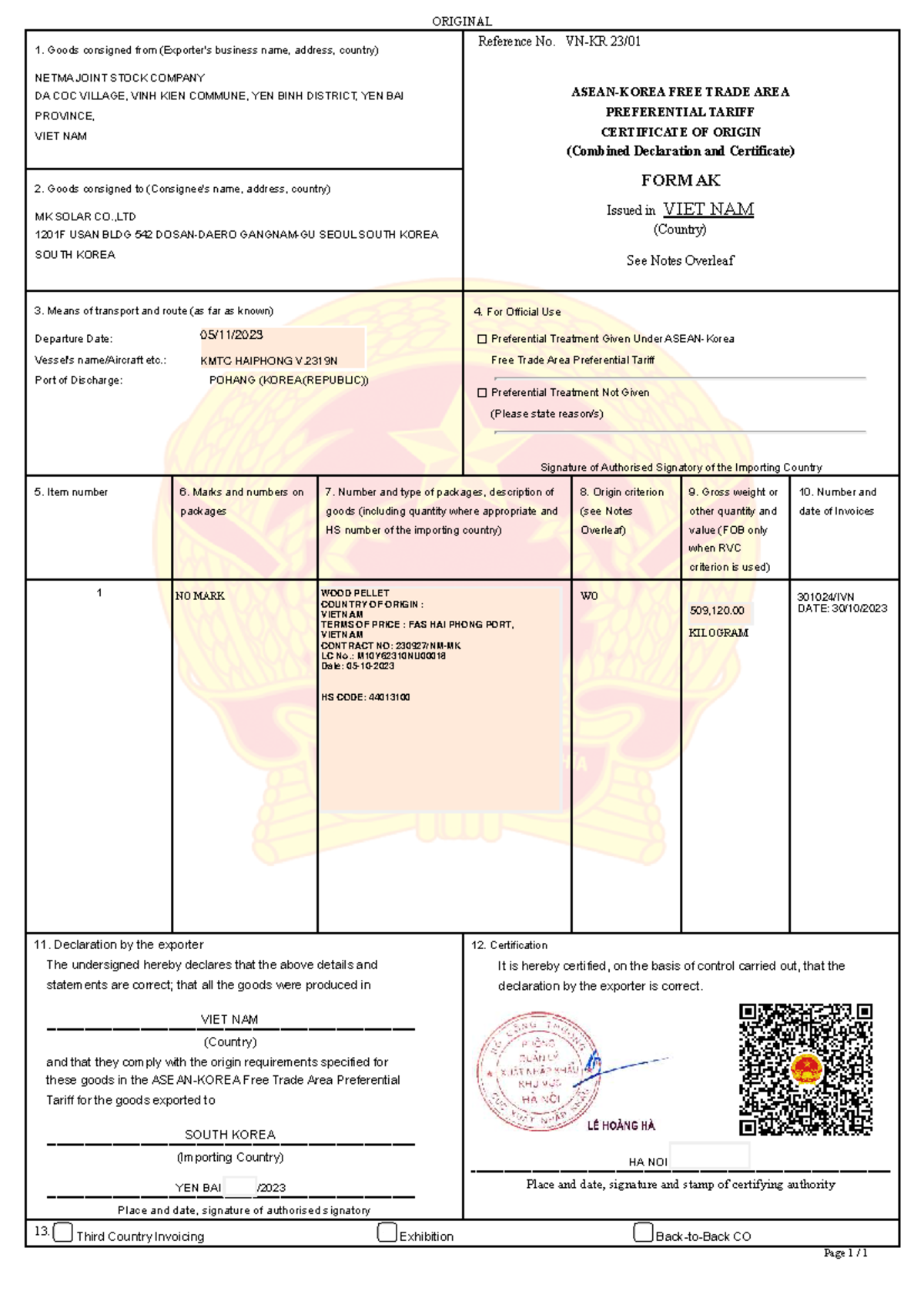 Draft Form AK - Certificate of Origin for Goods Exported to South Korea ...