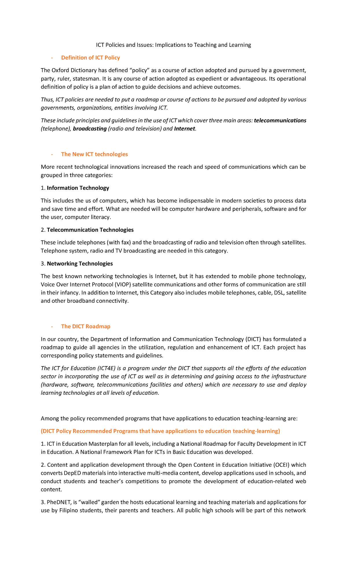 ICT Policies and Issues in Education: Implications for Teaching ...