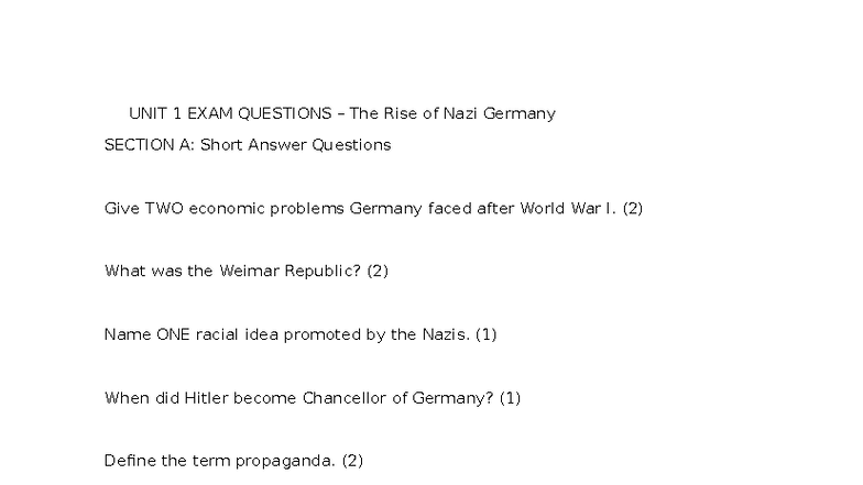 UNIT 1 EXAM Questions: The Rise of Nazi Germany and WWII - Studocu