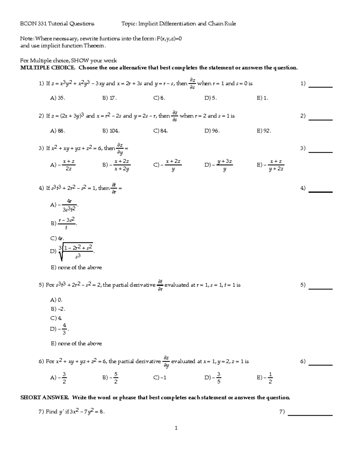 ECON 331 Tutorial Questions on Implicit Differentiation & Chain Rule ...