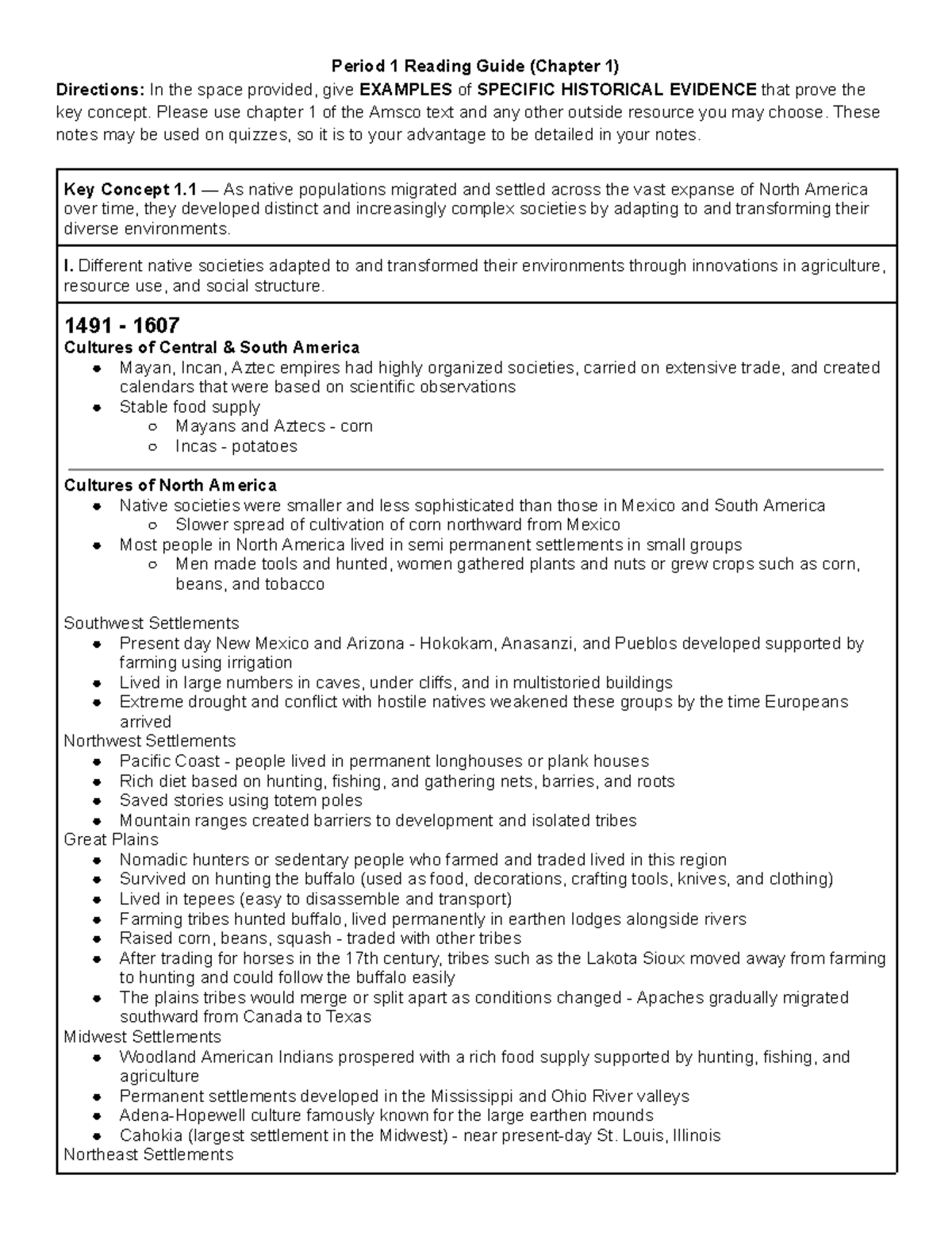 APUSH Notes Unit 1: Period 1 Reading Guide (Chapter 1) - Studocu