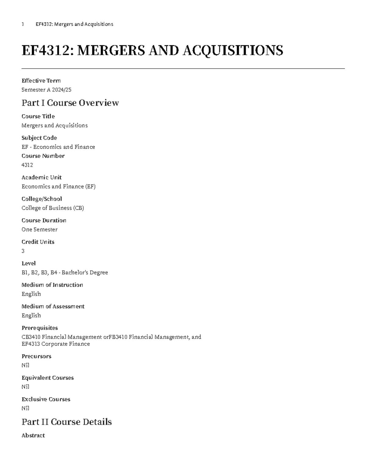 EF4312 Mergers and Acquisitions Course Overview and Details - Studocu