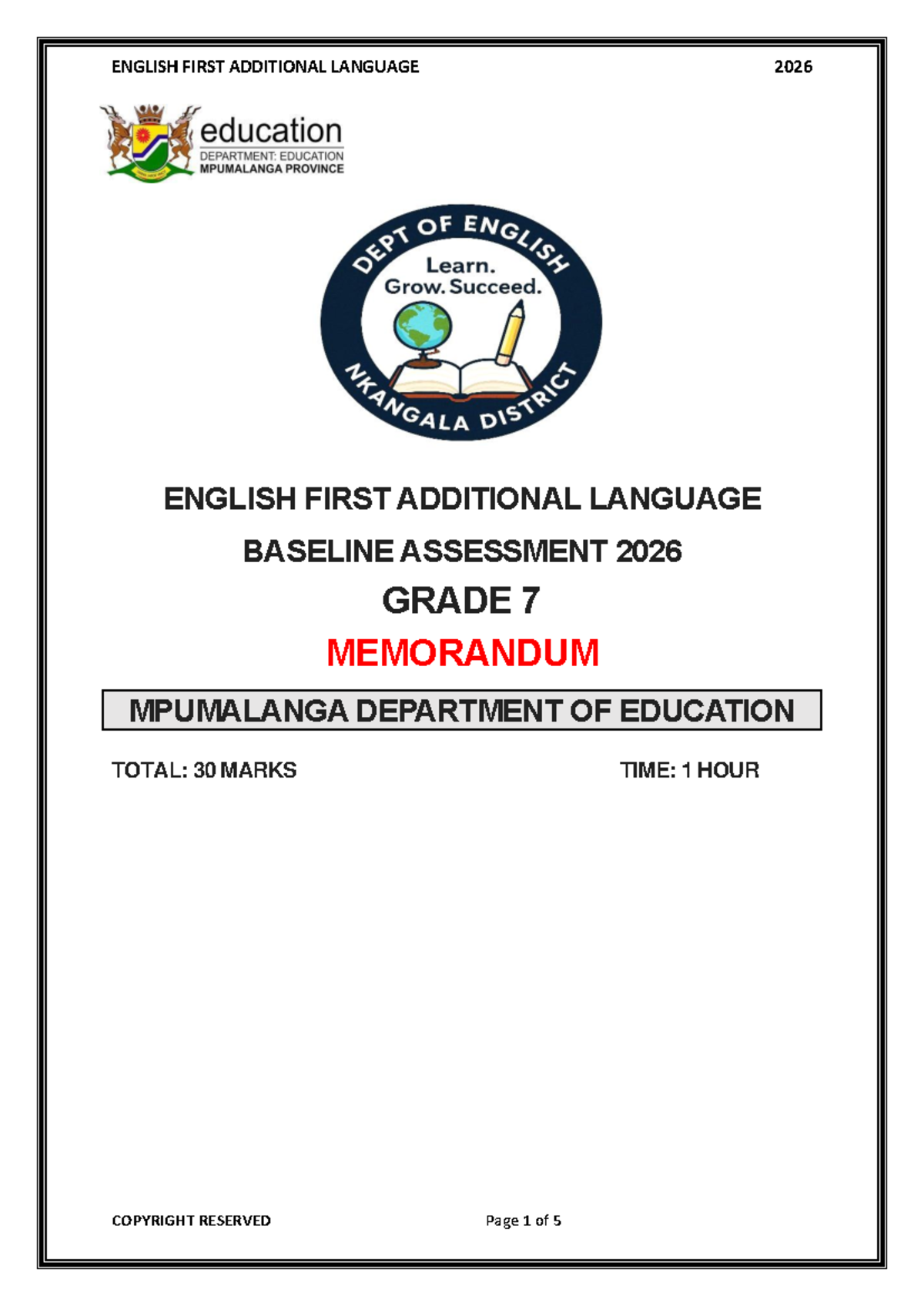 ENGLISH FIRST ADDITIONAL LANGUAGE 2026 GRADE 7 BASELINE ASSESSMENT MEMO ...