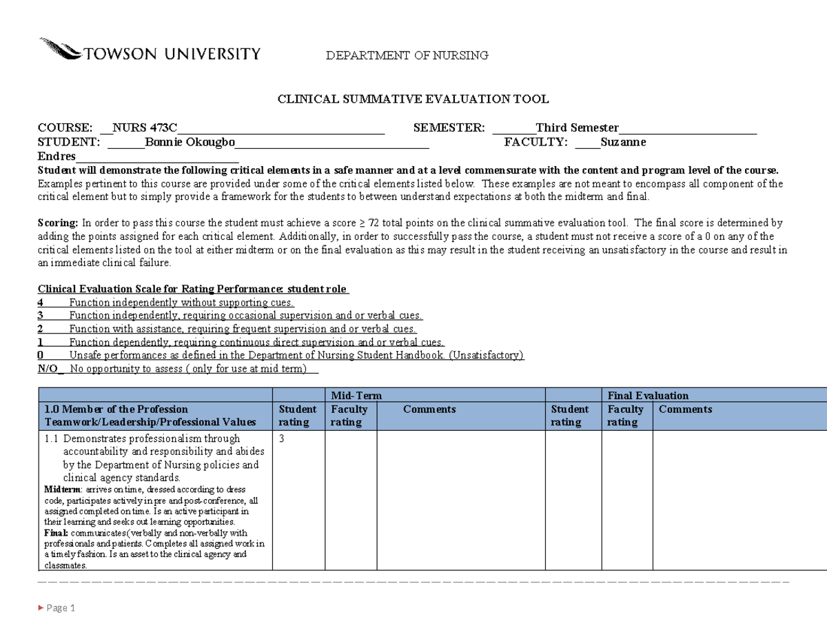 NURS 473C Clinical Summative Evaluation Tool for 3rd Semester - Studocu