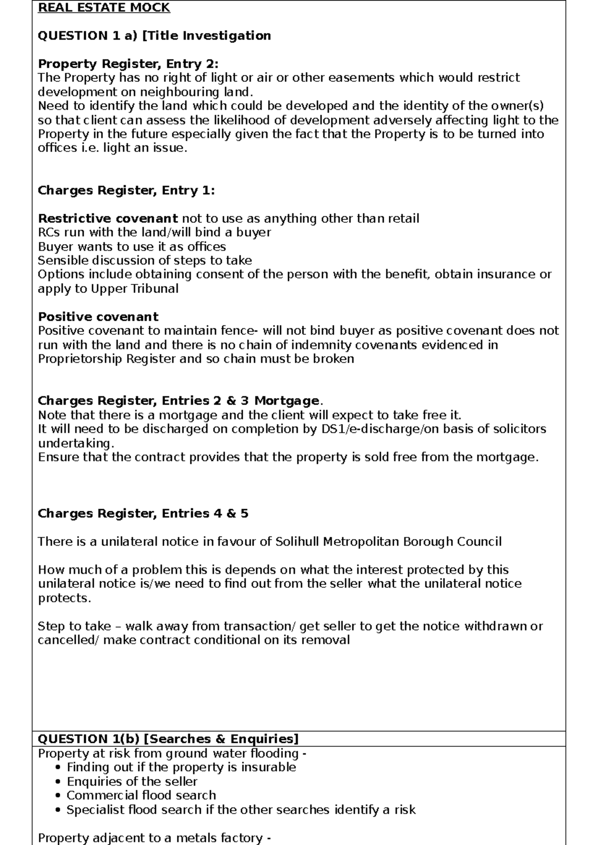 Real estate generic proforma - REAL ESTATE MOCK QUESTION 1 a) [Title ...