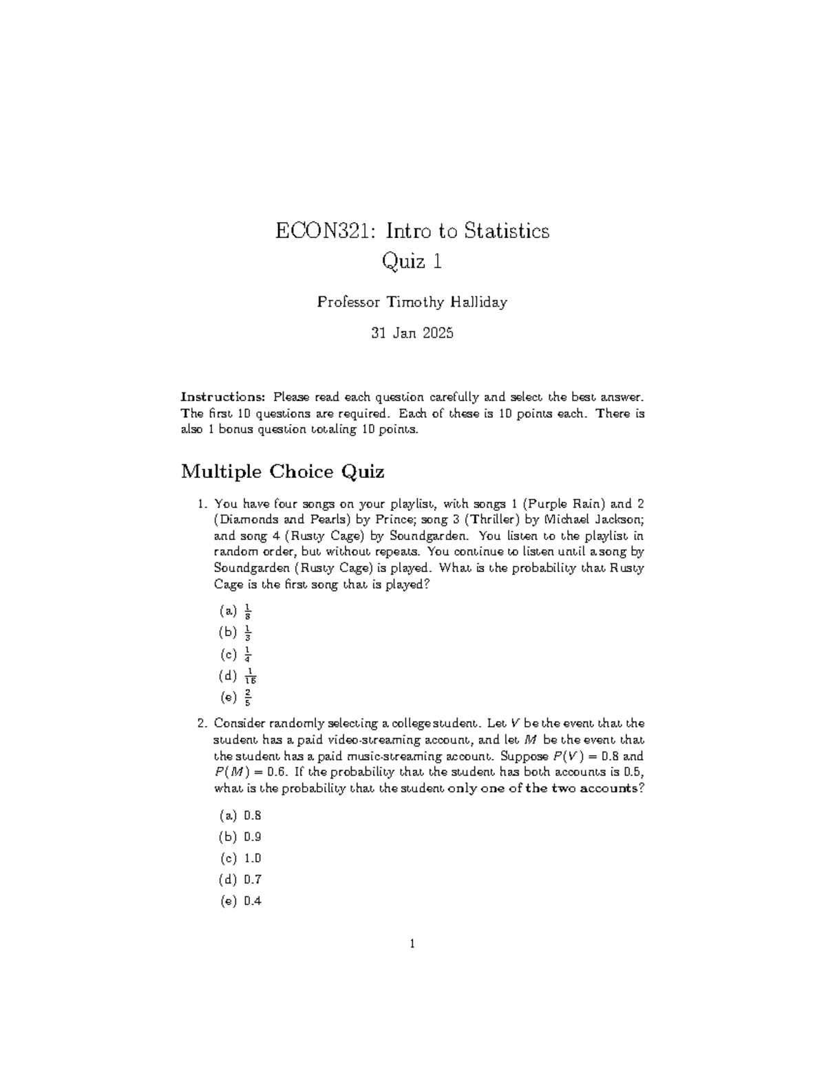 ECON321: Statistics Quiz 1 - Probability and R Code Analysis - Studocu