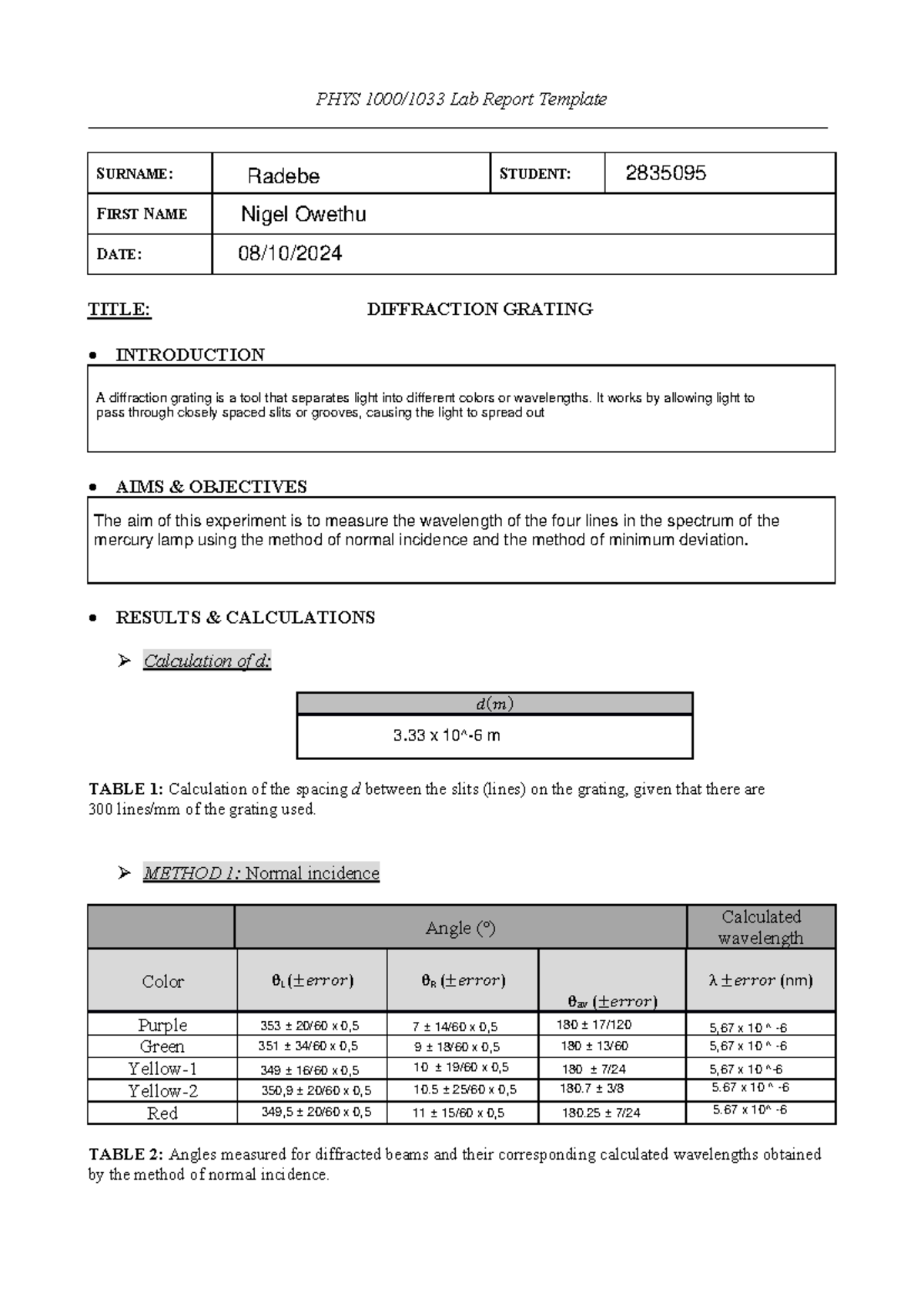 PHYS 1000/1033 Lab Report on Diffraction Grating Experiment - Studocu