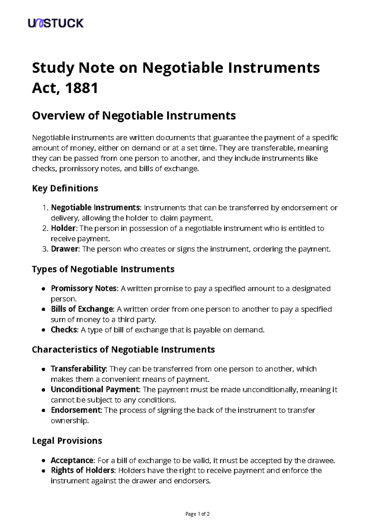 Study Notes on Negotiable Instruments Act, 1881: Key Concepts & Types ...