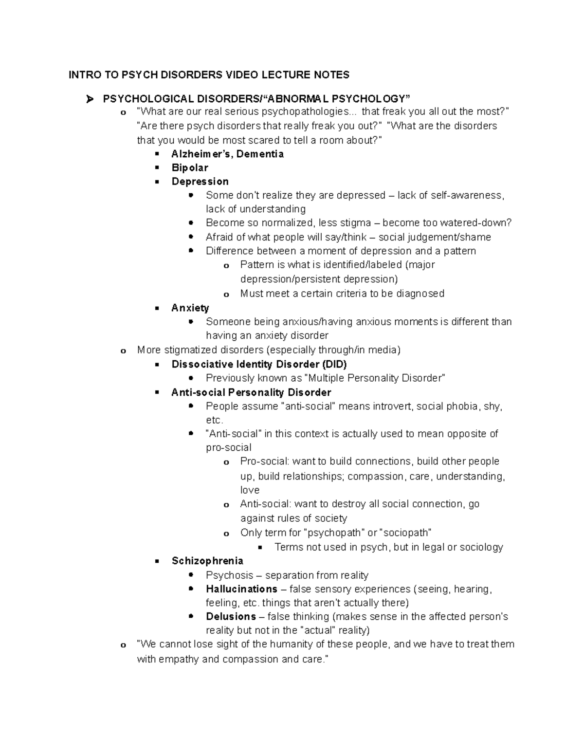 Intro to Psych Disorders (PSY101) Video Lecture Summary Notes - Studocu