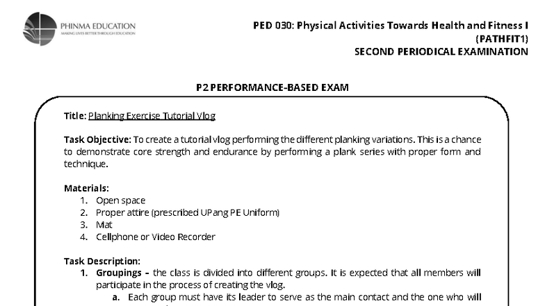 Ped 030 Pathfit1 Planking Exercise Tutorial Vlog P2 Exam Studocu