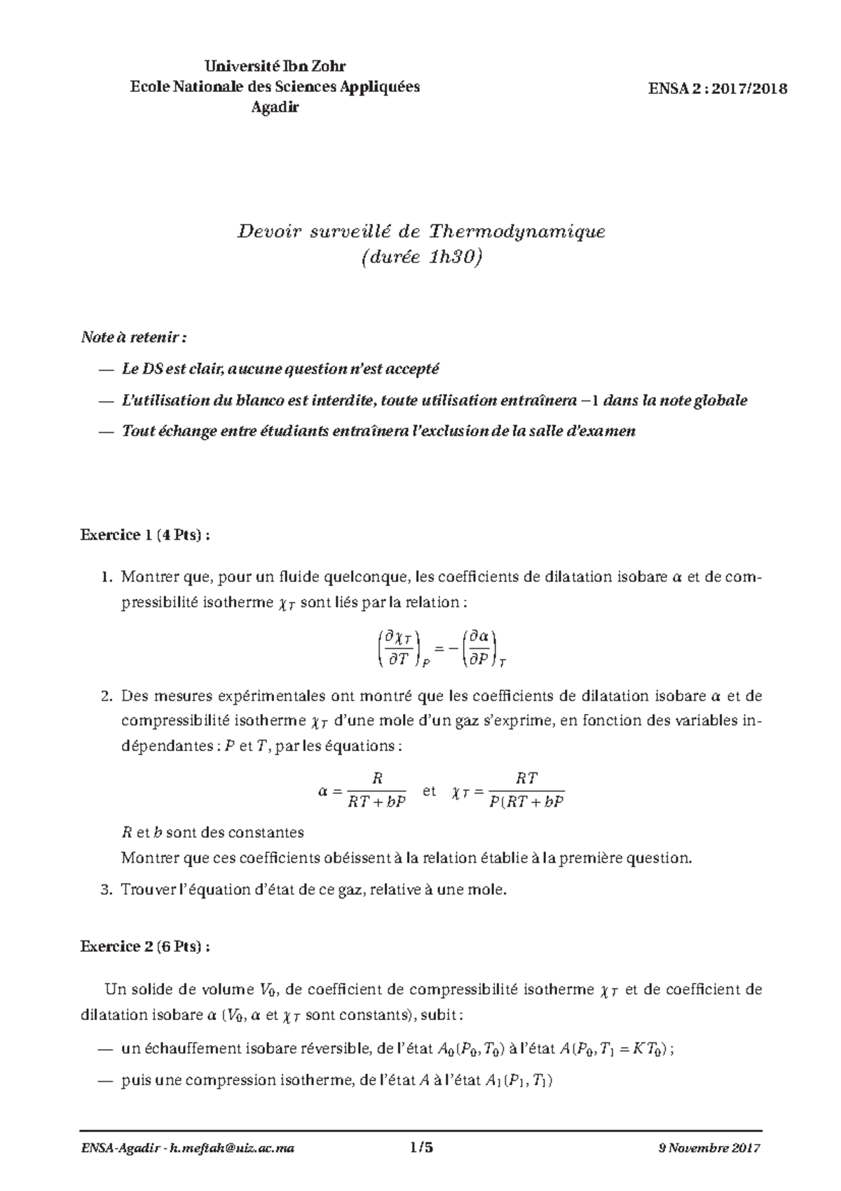 DS 17 18 - Devoir Surveillé en Thermodynamique (1h30) - Document Preview